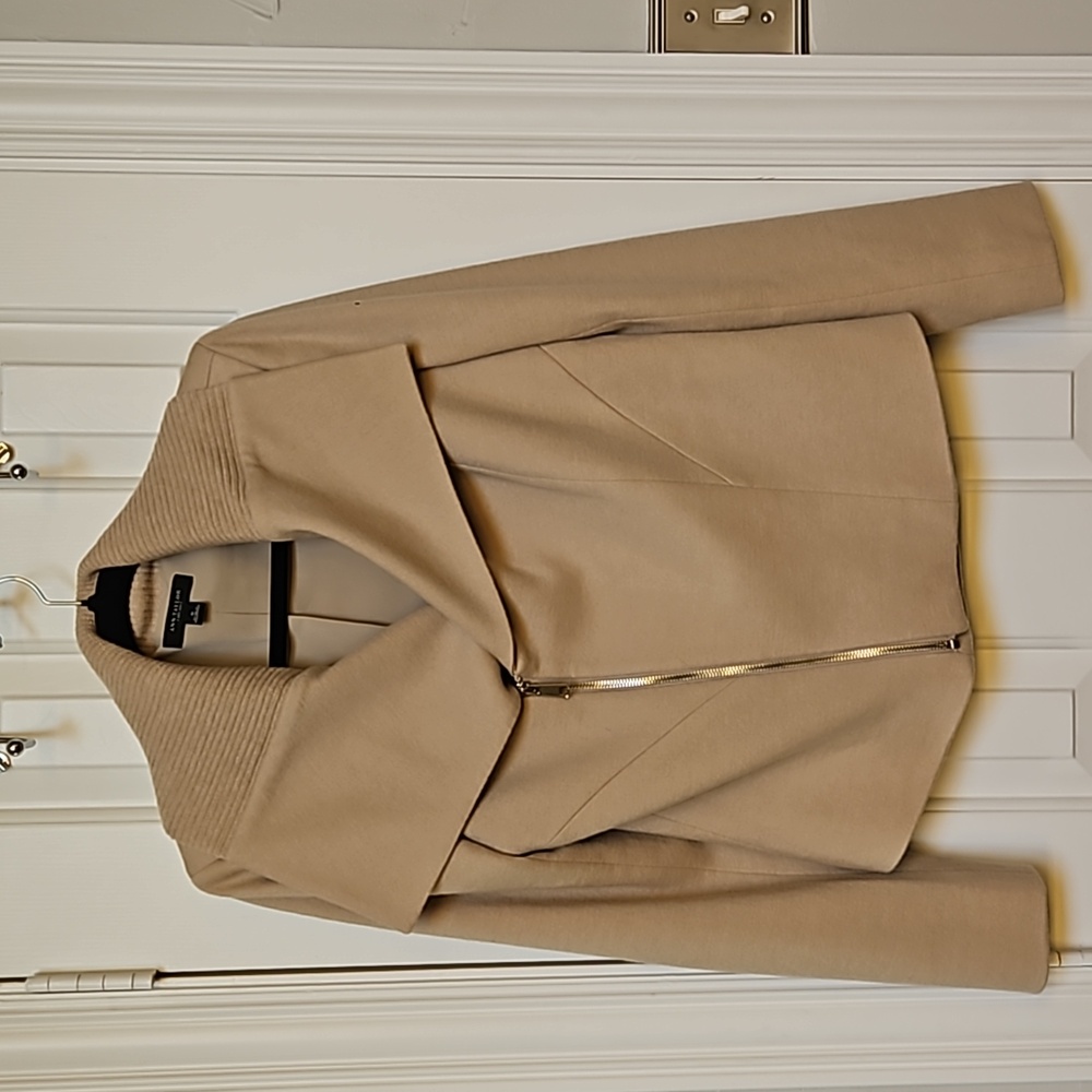 Ann Taylor Asymmetrical Zip Wool Blend Moto Jacket, sz 6, tan